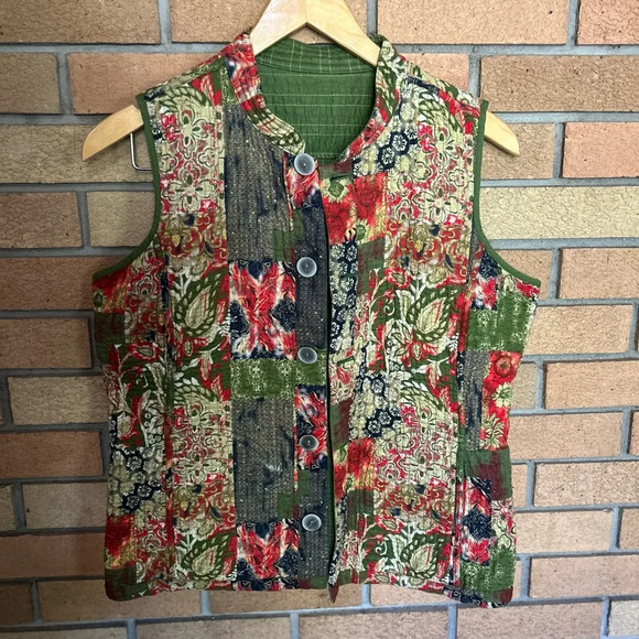 Olive Red Yellow Patchwork Print Quilted Reversible Boho Vest Floral Fall - Picture 2 of 8